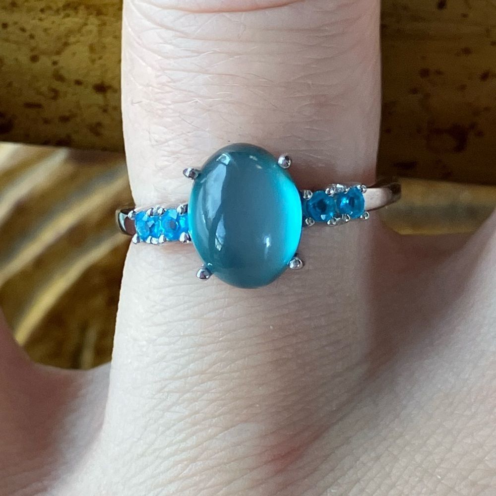 Aurora Moonstone Blue Apatite Sterling Silver Ring Size 6